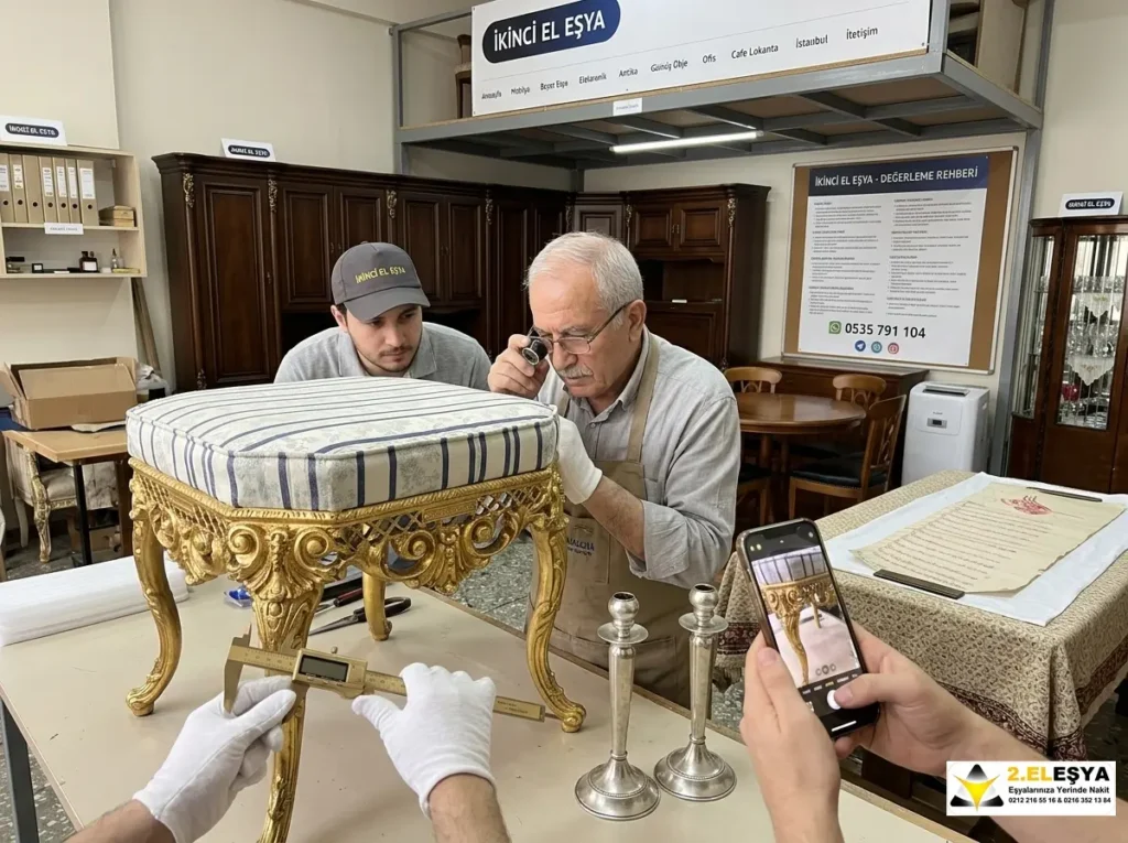 İstanbul ikinci el eşya eksperlerinin antika tabure ve değerli eşyalar üzerinde detaylı inceleme, ölçüm ve profesyonel değerleme yapma süreci.